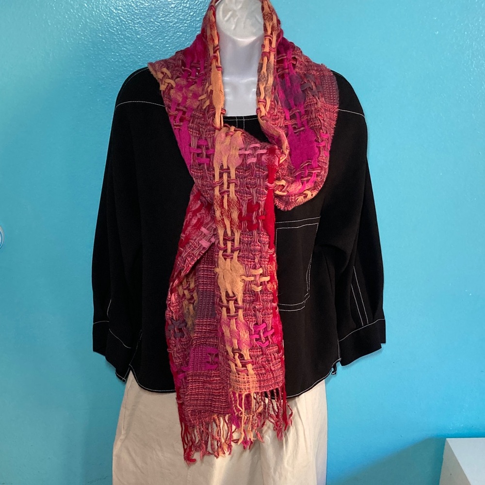 Irish Pink & Orange Wool Woven Knit Scarf From Aran Islands Knitwear 14" X 82"